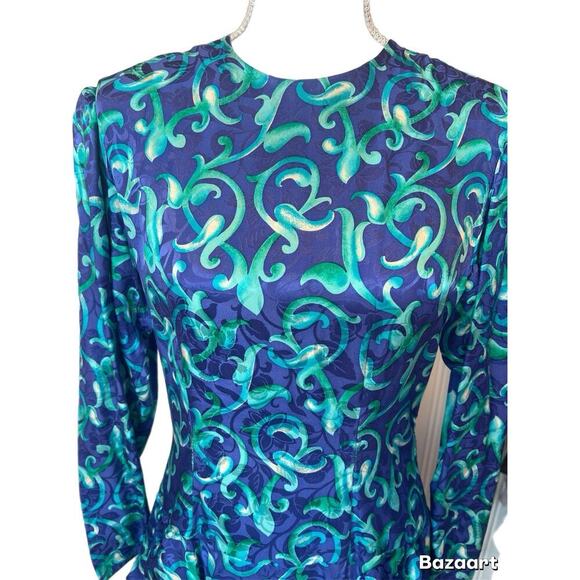 Carolyne Barton Dress Silk Size 10 Colorful Pattern Long Sleeve Blue/green - Picture 4 of 5